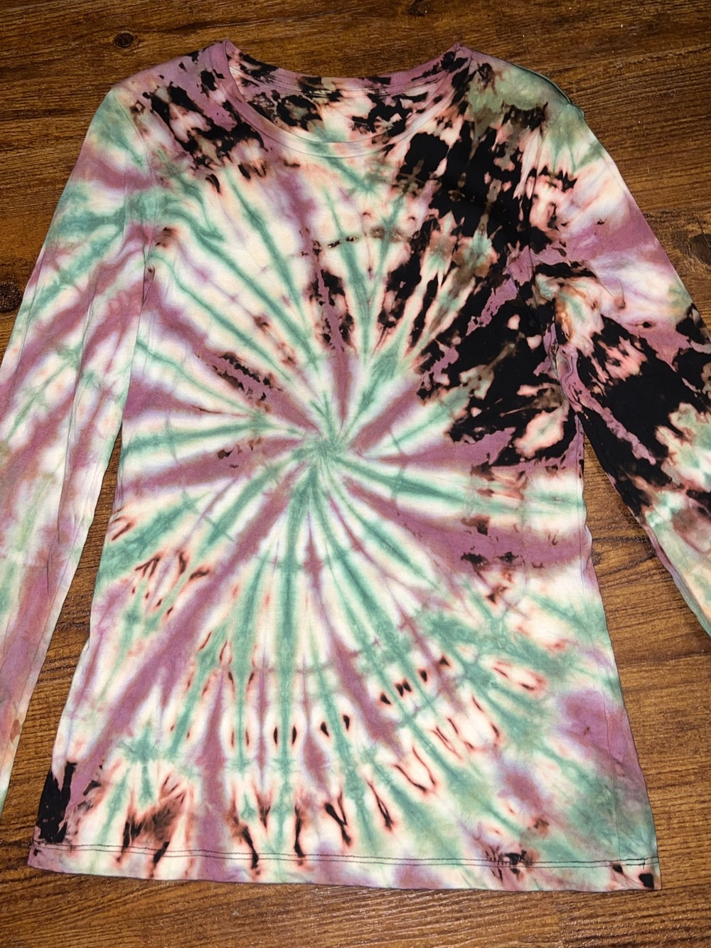 Handmade Tie-Dye Spiral Earthy Black Green Long Sleeve Shirt Boho Grunge Size M - Picture 4 of 10